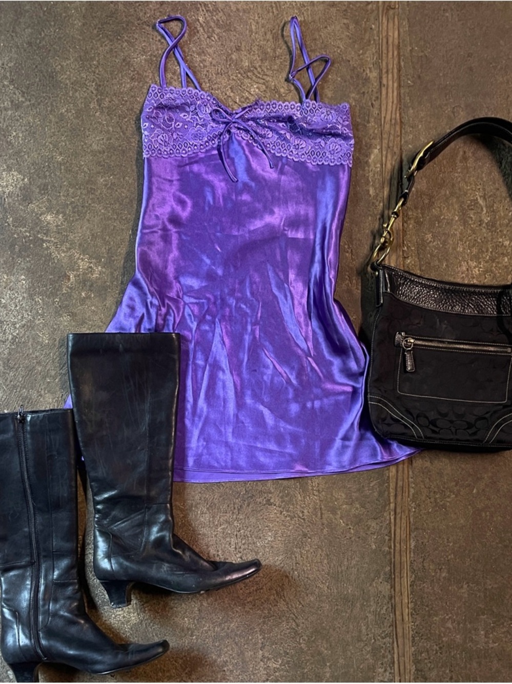 Purple Satin Lace Trim Slip Dress